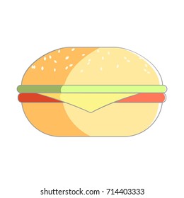 Flat isolated gourmet burger illustration. Food cheeseburger or chicken burger icon. Colorful hamburger isolated from background.