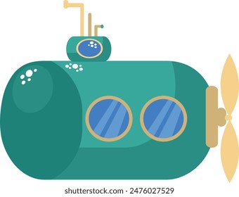 Flat isolated green submarine. Cartoon submarine illustration vector