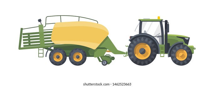 Flat isolated green tractor with big pack baler