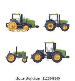 Flat isolated green tractors set