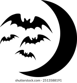 Flat isolated halloween bats. Cartoon bats and moon illustration vector.