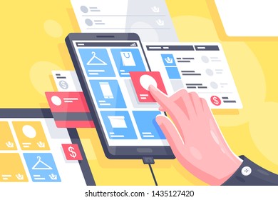 Flat isolated hand with online mobile interface do shopping. Concept smart buying from cell phone at internet, web service for market. Vector illustration.