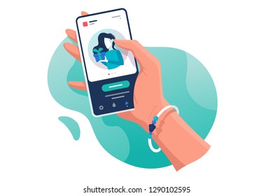 Flat isolated hand with phone with contacts woman with gift. Concept electronic mobile device, communication. Vector illustration.