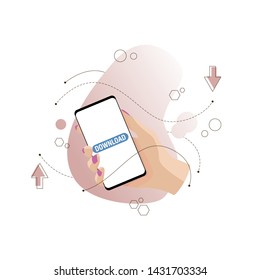 Flat isolated hand with phone and mobile application. Concept electronic mobile device, communication, "Download" text on the screen. Vector illustration. 