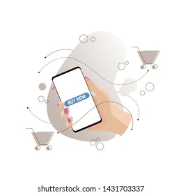 Flat isolated hand with phone and mobile application. Concept electronic mobile device, communication, "Buy now" text on the screen. Vector illustration. 