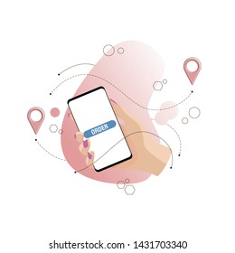 Flat isolated hand with phone and mobile application. Concept electronic mobile device, communication, "Order" text on the screen. Vector illustration. 