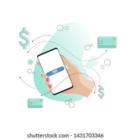 Flat isolated hand with phone and mobile application. Concept electronic mobile device, communication, "Pay" text on the screen. Vector illustration. 