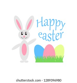 Flat isolated happy Easter rabbit and eggs. Colorful cartoon bunny. 