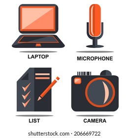 Flat isolated icons set laptop, microphone, list, photo camera for web design. Vector illustrations.