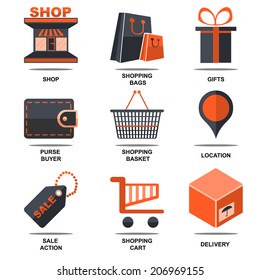 Flat isolated icons set shop, shopping bags, gift box, purse, shopping basket, pointer, sate tag, shopping cart, delivery box for web design. Vector illustrations.