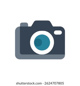 A flat, isolated illustration of a dark blue camera on a White Background. Modern style photography related imagery.