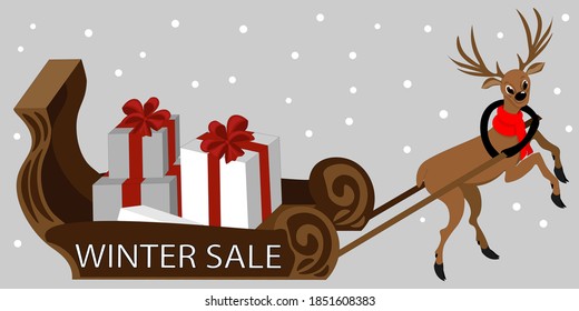 Ilustración aislada plana para tiendas, venta de invierno, cajas de regalo, trineo, ciervo.