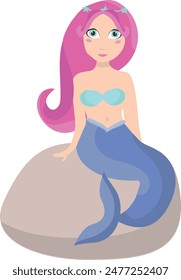 Flat isolated mermaid sitting on a stone. Cartoon mermaid illustration vector.