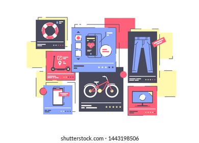 Flat isolated online store with clothes and device. Concept modern shop interface with bikes, mobile phone, monitor, vehicle and health app. Vector illustration.