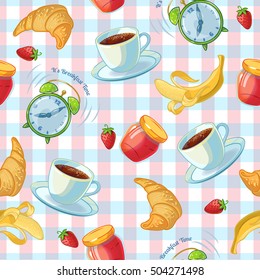 Flat isolated pattern with coffee cup croissants alarm clock and jam on a tablecloth background vector illustration