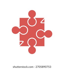 Uma peça plana e isolada do quebra-cabeça vermelho é apresentada, caracterizada por detalhes de círculo distintos colocados contra um fundo branco limpo.