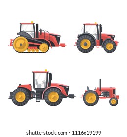Flat isolated red tractors set