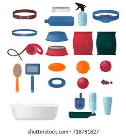Flat isolated set of dog items elements. Pet icons walking, feeding, grooming salon equipment. Doggy tools groomer collection, healthy nutrition