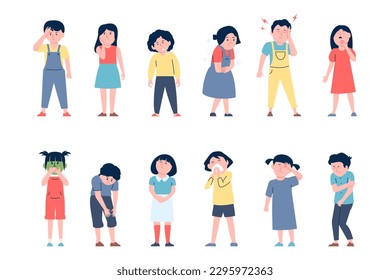 Niños con síntomas de gripe aislados y planos. Cefalea infantil y náuseas, inflamación infantil y fiebre. Caricatura de niños enfermos personajes vectores recientes