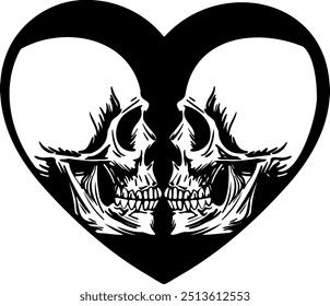 Flat isolated skulls in heart. Halloween skull illustration vector.