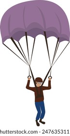 Flat isolated skydiver flying with a parachute. Cartoon parachutist illustration vector.