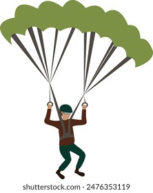 Paracaidista plano aislado volando con un paracaídas. Vector de ilustración paracaidista de dibujos animados.