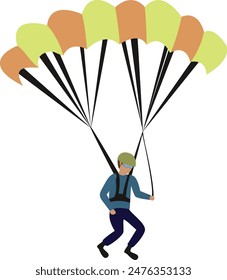 Paracaidista plano aislado volando con un paracaídas. Vector de ilustración paracaidista de dibujos animados.