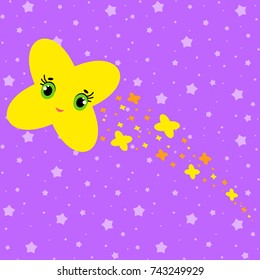 Flat isolated star flying in the sky. Cheerful cute character for decoration.
