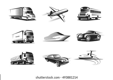 Flat isolated transport set with different cargo and passenger vehicles car truck ship bus aircraft symbols vector illustration