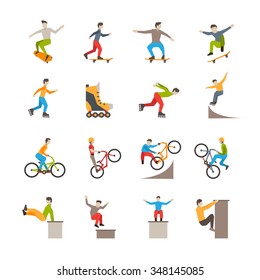  Flat isolated urban sport icons with people action in skateboarding rollerblading cycling parkour vector illustration
