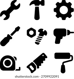 Flat Isolated Vários Home Improvement Tool Preto Silhueta Ícone de sinal