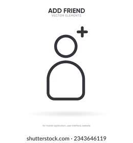 Flat isolated vector elements. Minimal modern add friend, people, contact avatar icon emblem symbol sign. Black add friends push button pictogram for mobile app, UI UX, website, social media.