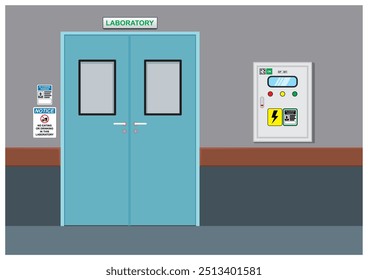 Ilustración vectorial plana y aislada de puerta en la sala de construcción con caja de panel eléctrico al lado.