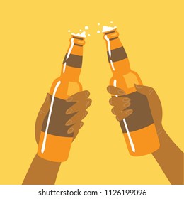 Flat isolated vector illustration of drinking beers, cheers, party. Two friend are drinking beers