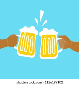 Flat isolated vector illustration of drinking beers, cheers, party. Two friend are drinking beers