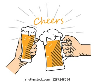 Flat isolated vector illustration of drinking beers.  Two hands holding and clinking with glass and mug beer, cheers. Party celebration in a pub on white background. Vector illustration