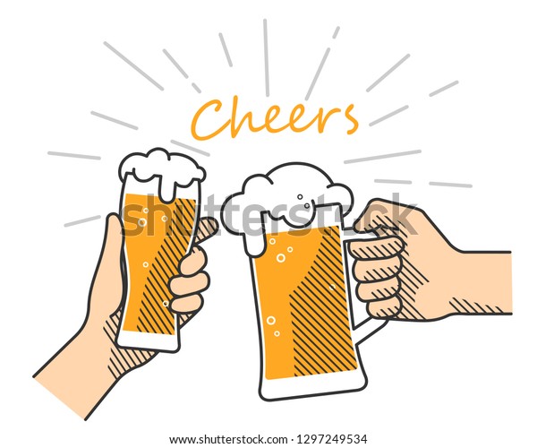 ビールを飲む場合の平らなベクターイラスト 2人の手でグラスとマグビールを持ち カチカチ言う 白い背景にパブでのパーティーのお祝い ベクターイラスト のベクター画像素材 ロイヤリティフリー