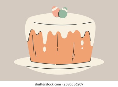 Flat isolated vector illustration of traditional Easter cake with white icing and decorative eggs on top. Simple design and warm pastel colors create a festive and cozy holiday atmosphere.