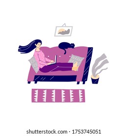 Flat isolated vector illustration with a young woman sitting in a cozy room on a viollet couch with a laptop and cat. Staying, working at home vector concept