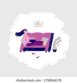 Flat isolated vector illustration with a young woman sitting in a cozy room on a viollet couch with a laptop and cat. Staying, working at home vector concept