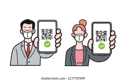 Flat isolated vector. Man and woman employees with business suits wearing ffp2 kn95 face masks, holding smartphone with qr code on screen. Digital sanitary pass check, eu green pass, health passport.