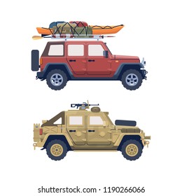 Flat isolated vector offroader military travel SUV set