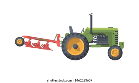 Flat Isolated Vintage Retro Green Tractor With Red Plow