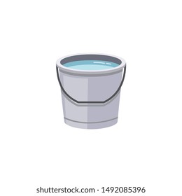 Flat isolated water bucket - metal container filled with clear blue liquid and grey handle. Simple cartoon icon of household item - vector illustration