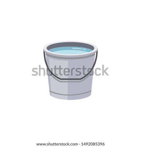 Flat isolated water bucket - metal container filled with clear blue liquid and grey handle. Simple cartoon icon of household item - vector illustration