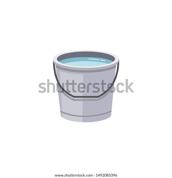 平らな分離型水バケツ 透明な青い液体とグレーの取っ手で埋めた金属容器 家庭用品の簡単な漫画のアイコン ベクターイラスト のベクター画像素材 ロイヤリティフリー