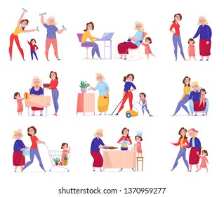 Flat isolated women generation grandma mother daughter icon set with family in the moments vector illustration
