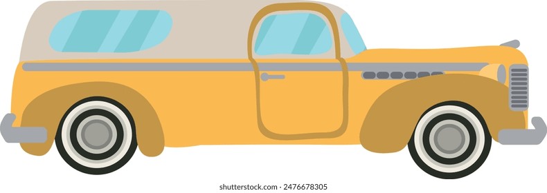 Flat isolated yellow retro car. Cartoon vintage car illustration vector.