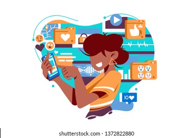 Flat isolated young american woman with mobile phone, and social network icons. Concept mixed race girl character with collection symbol like, heart, video site for online. Vector illustration.