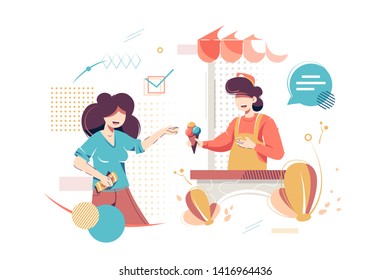 Flat isolated young woman buy ice cream from seller  Concept businesswoman   customer characters at street stall  Vector illustration 